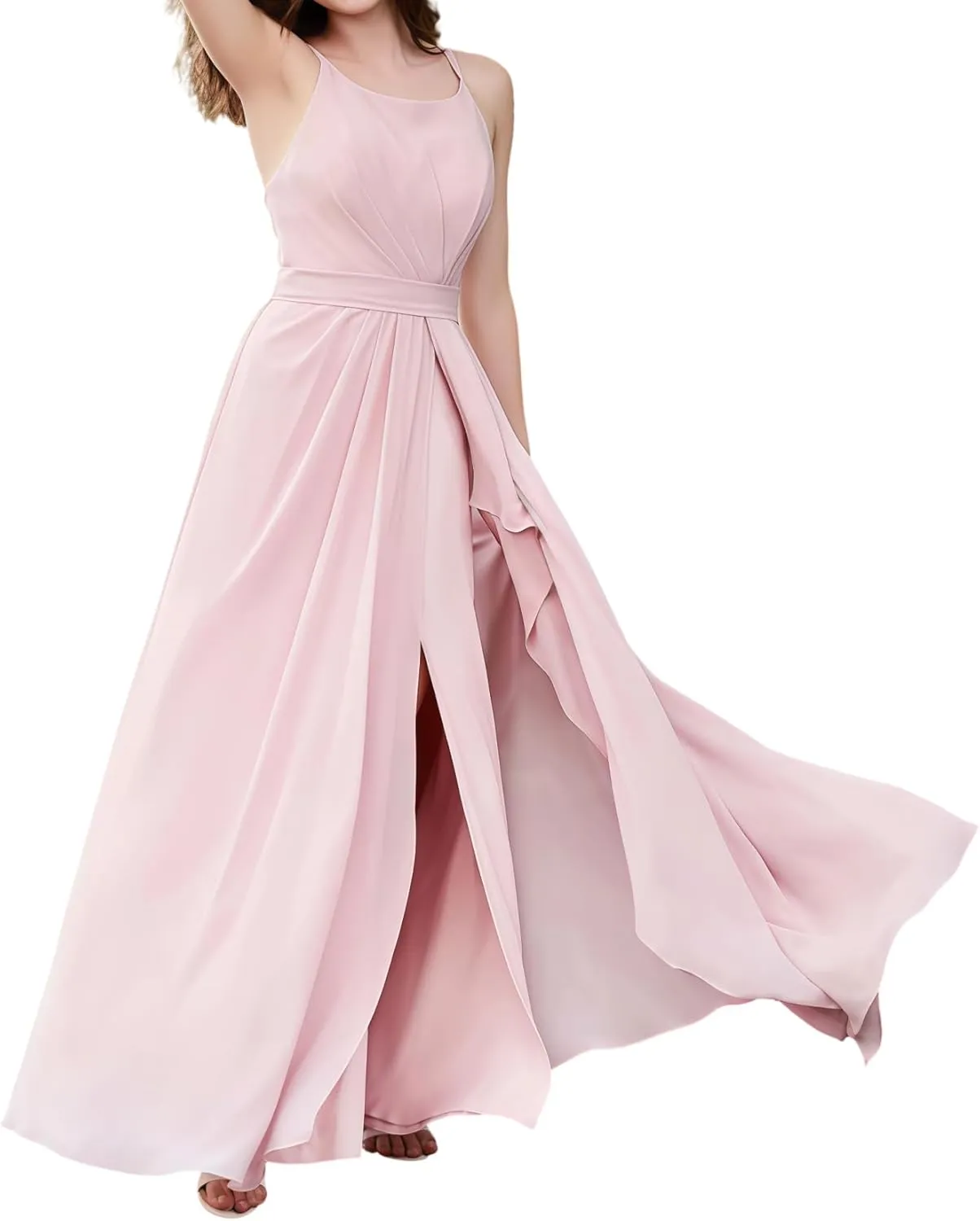 Women's Off The Shoulder Bridesmaid Dresses Round Neck Long Pleated Chiffon A Line Formal Evening Gown with Slit