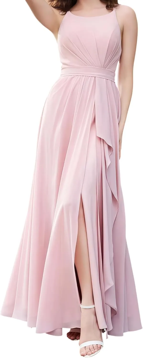 Women's Off The Shoulder Bridesmaid Dresses Round Neck Long Pleated Chiffon A Line Formal Evening Gown with Slit