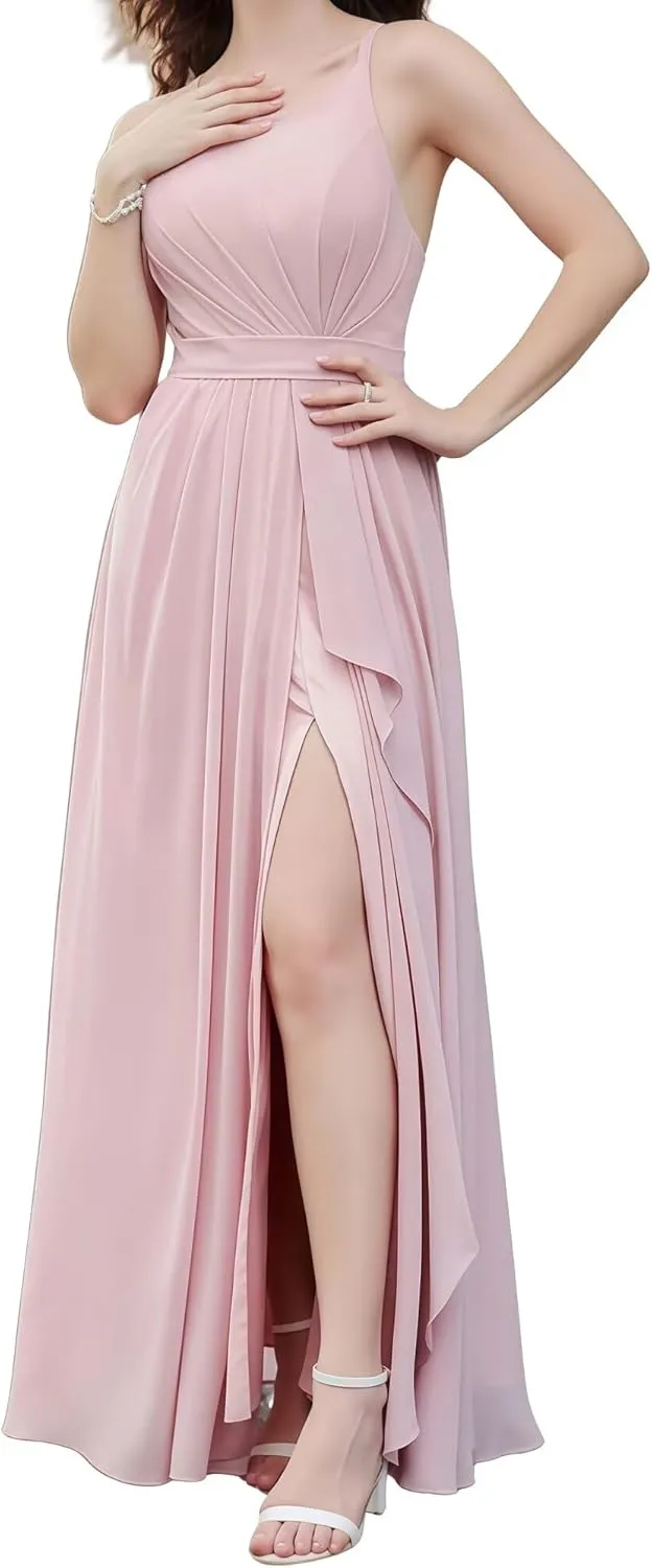 Women's Off The Shoulder Bridesmaid Dresses Round Neck Long Pleated Chiffon A Line Formal Evening Gown with Slit