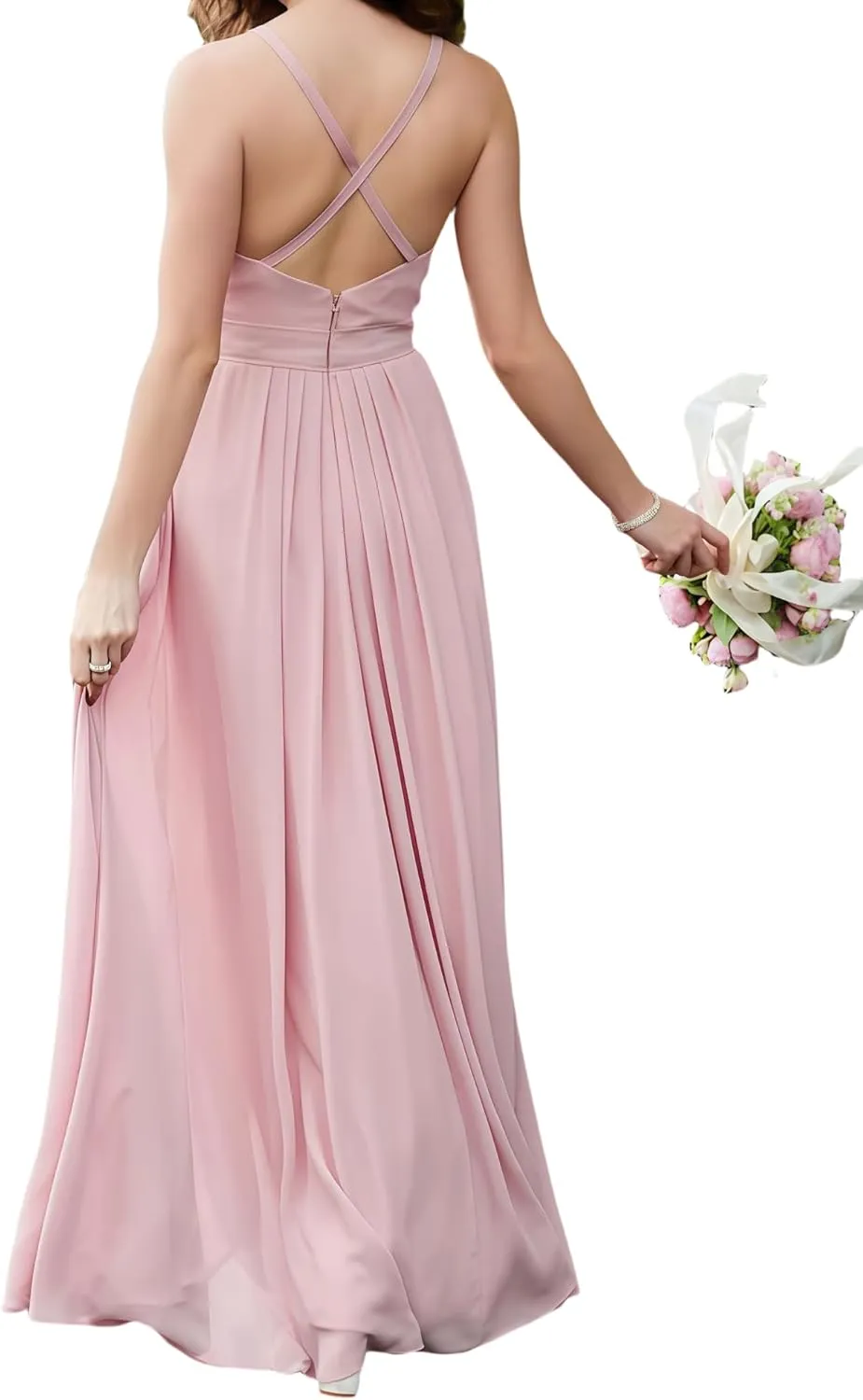 Women's Off The Shoulder Bridesmaid Dresses Round Neck Long Pleated Chiffon A Line Formal Evening Gown with Slit