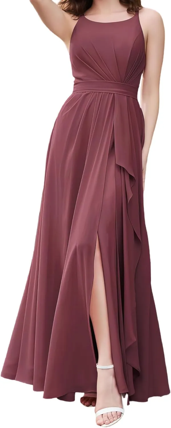Women's Off The Shoulder Bridesmaid Dresses Round Neck Long Pleated Chiffon A Line Formal Evening Gown with Slit