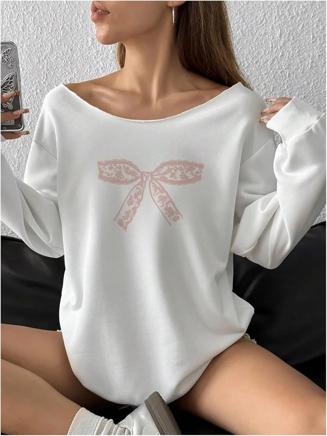 Women's Off The Shoulder Sweatshirt Tops Graphic Long Sleeve Loose Pullover Fall Tops Trendy