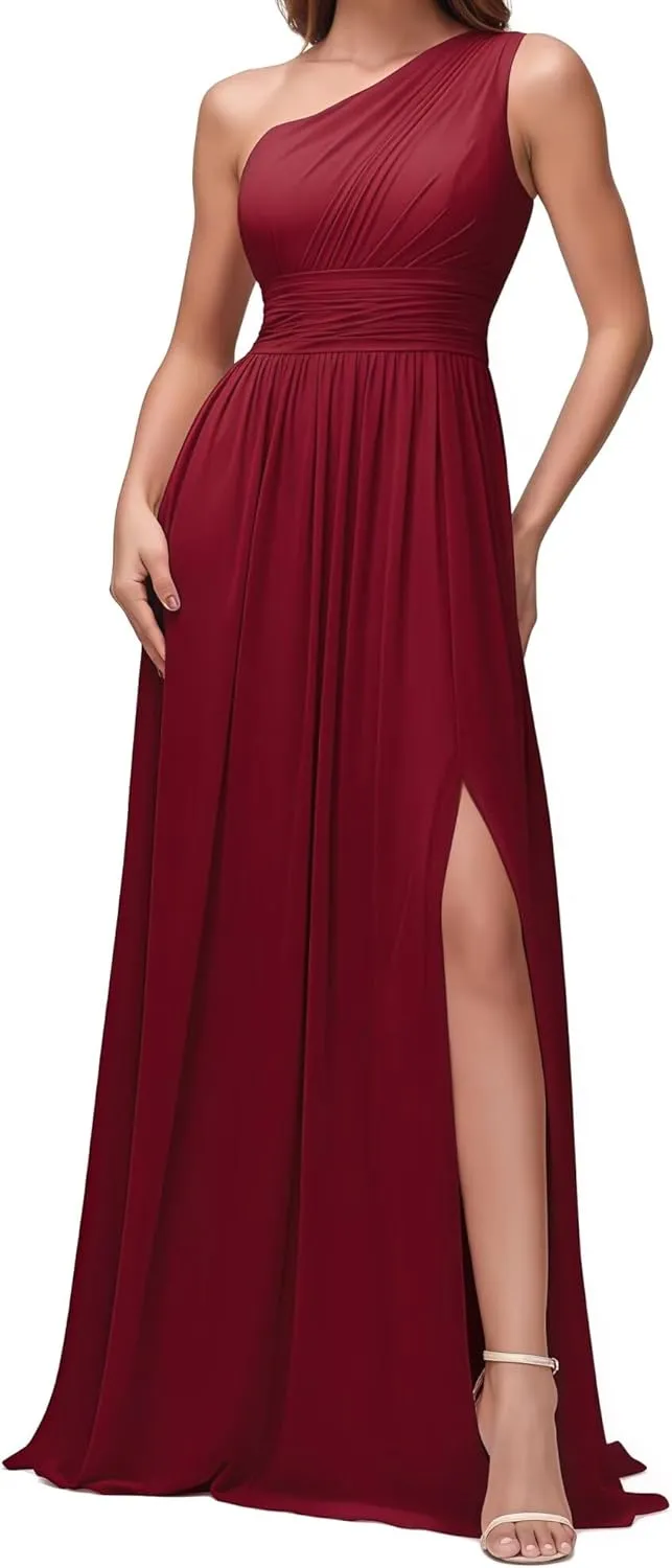 Women's One Shoulder Bridesmaid Dresses for Ruched Chiffon A Line Evening Formal Gown with Slit