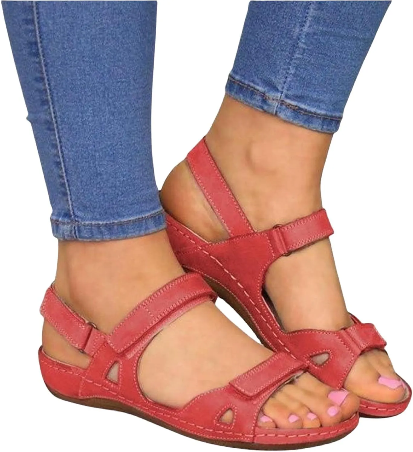 Womens Orthopedic Sandals Flat Wedge Sandals for Women Open Toe Double Strap Fish Mouth Sandal, Orthopedic Correction Leather Comfort Bunion Slippers Casual Buckle Beach Shoes