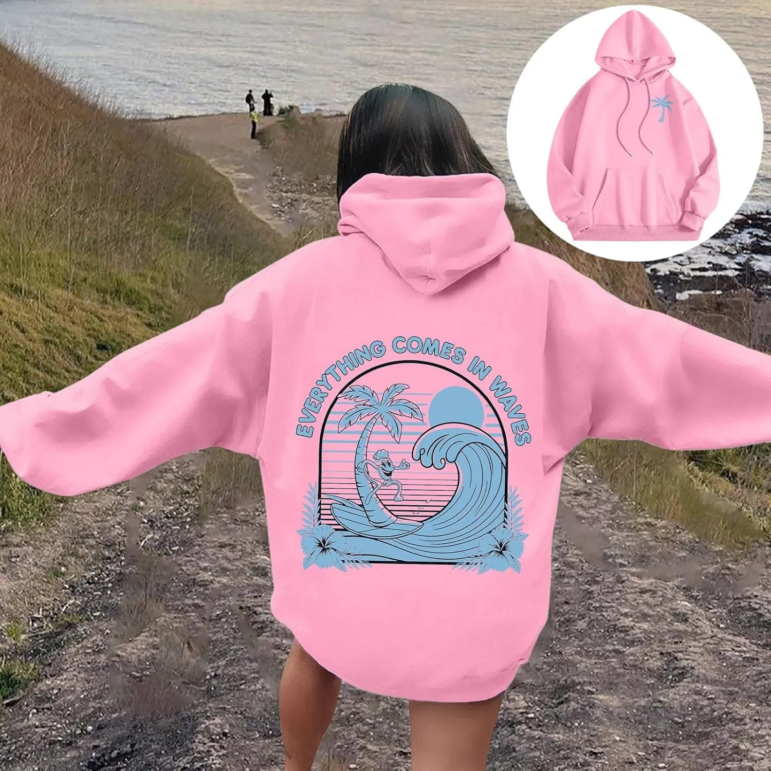 Womens Pink Pom Puff Hoodies Cute Preppy Long Sleeve Sweatshirt Teen Girls Oversized Y2K Drawstring Casual Pullover
