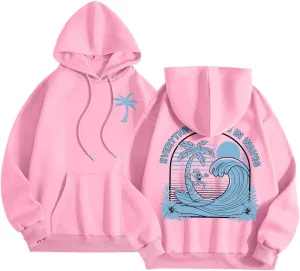 Womens Pink Pom Puff Hoodies Cute Preppy Long Sleeve Sweatshirt Teen Girls Oversized Y2K Drawstring Casual Pullover