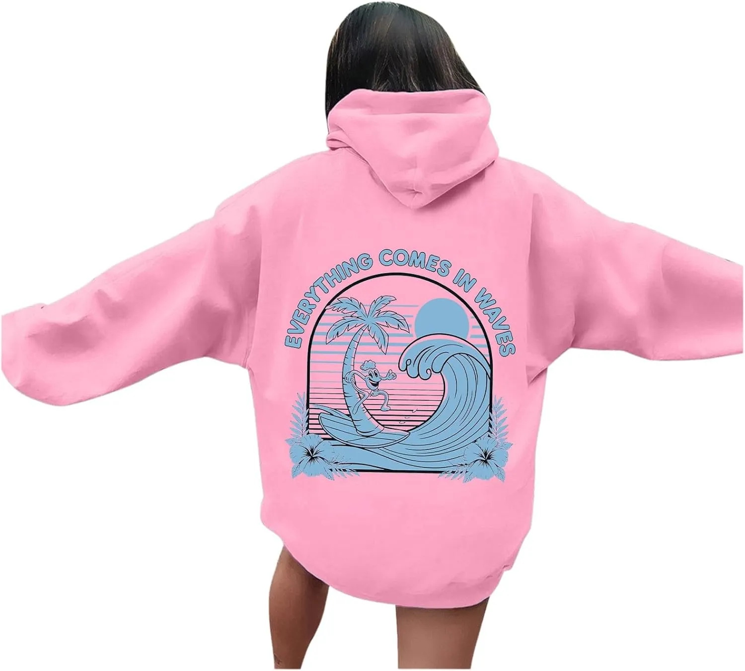 Womens Pink Pom Puff Hoodies Cute Preppy Long Sleeve Sweatshirt Teen Girls Oversized Y2K Drawstring Casual Pullover