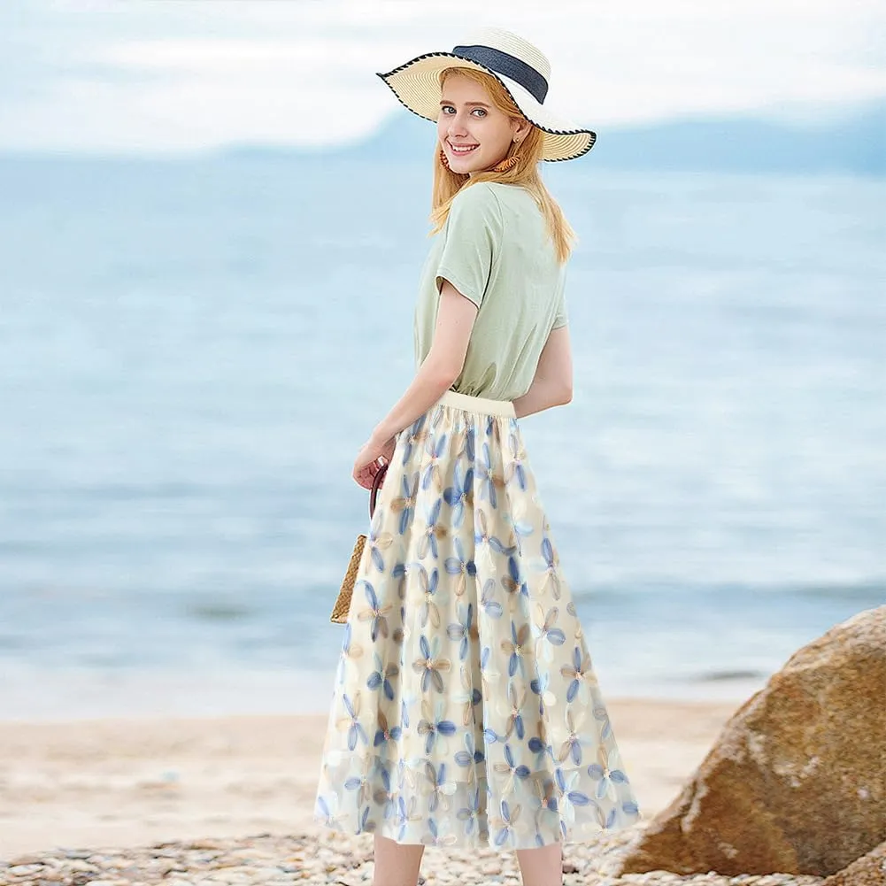 Women's Pleated Skirt Chiffon Floral Sequin A-Line Skirt Elastic Waist A-Line Midi Length Skirt Flowing Skirt Casual, Apricot