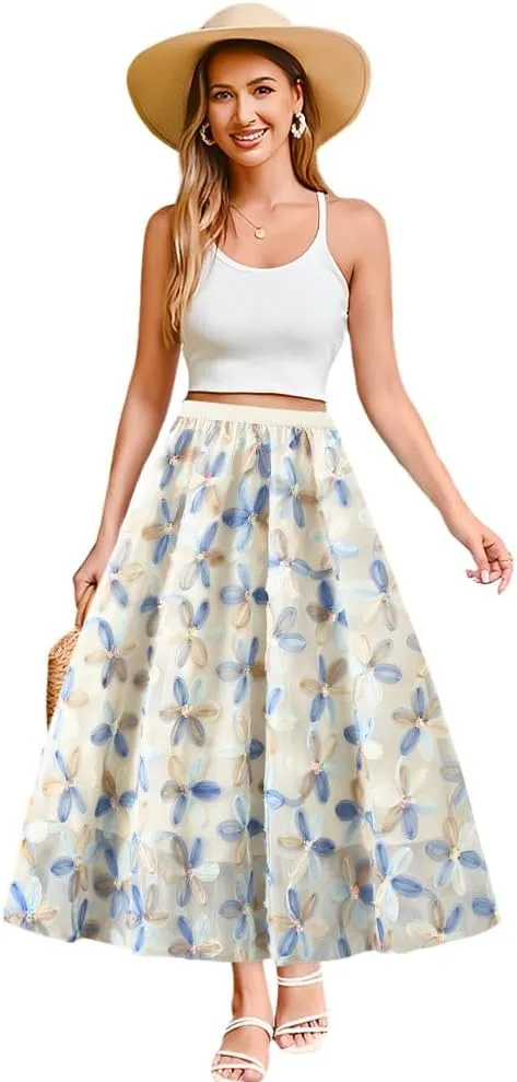 Women's Pleated Skirt Chiffon Floral Sequin A-Line Skirt Elastic Waist A-Line Midi Length Skirt Flowing Skirt Casual, Apricot