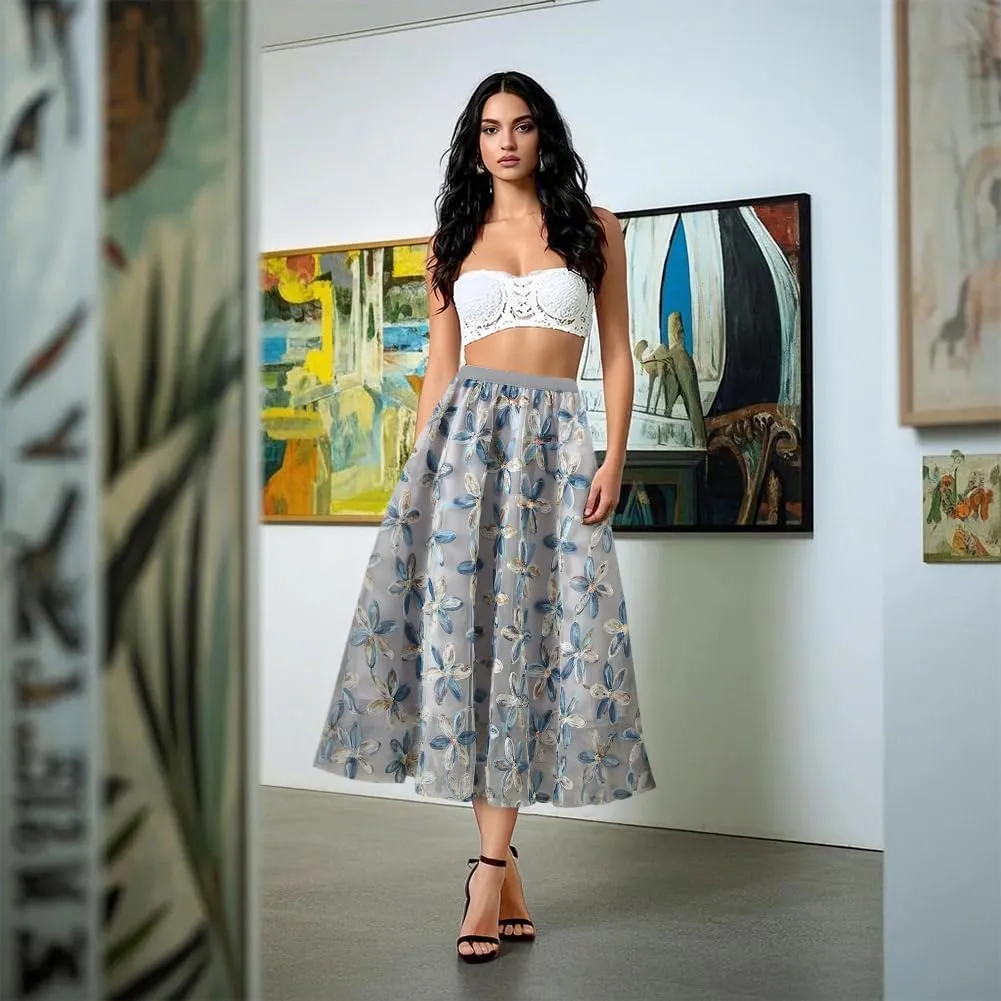 Women's Pleated Skirt Chiffon Floral Sequin A-Line Skirt Elastic Waist A-Line Midi Length Skirt Flowing Skirt Casual, Apricot
