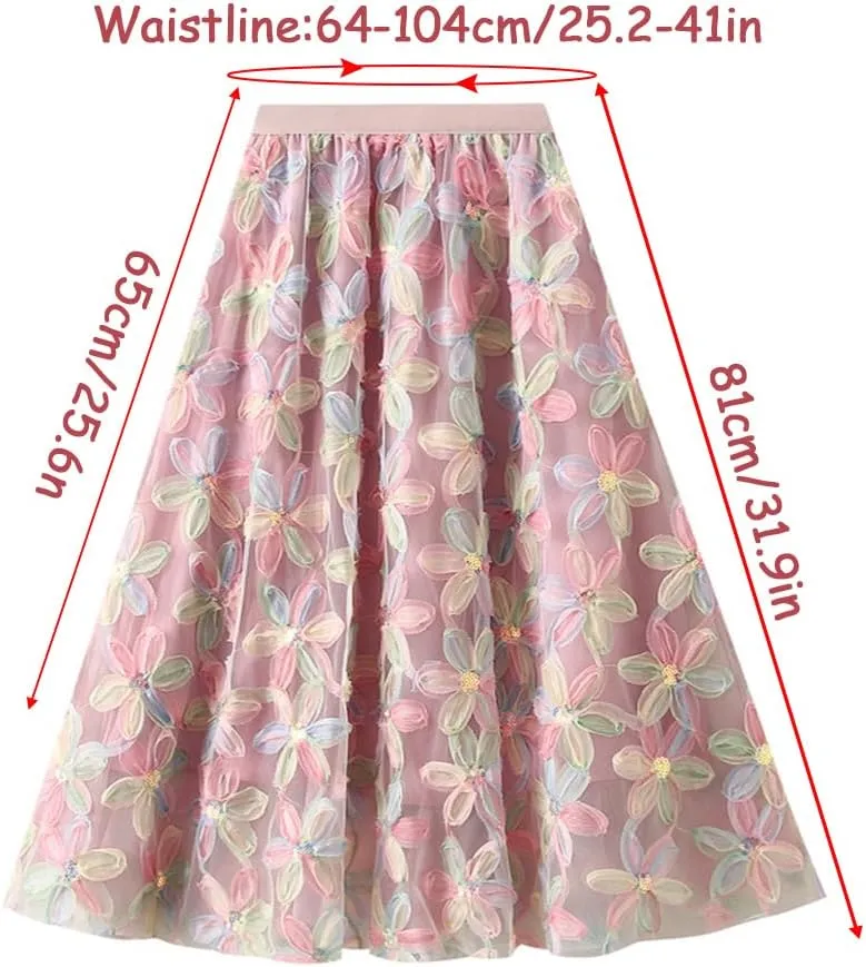 Women's Pleated Skirt Chiffon Floral Sequin A-Line Skirt Elastic Waist A-Line Midi Length Skirt Flowing Skirt Casual, Apricot