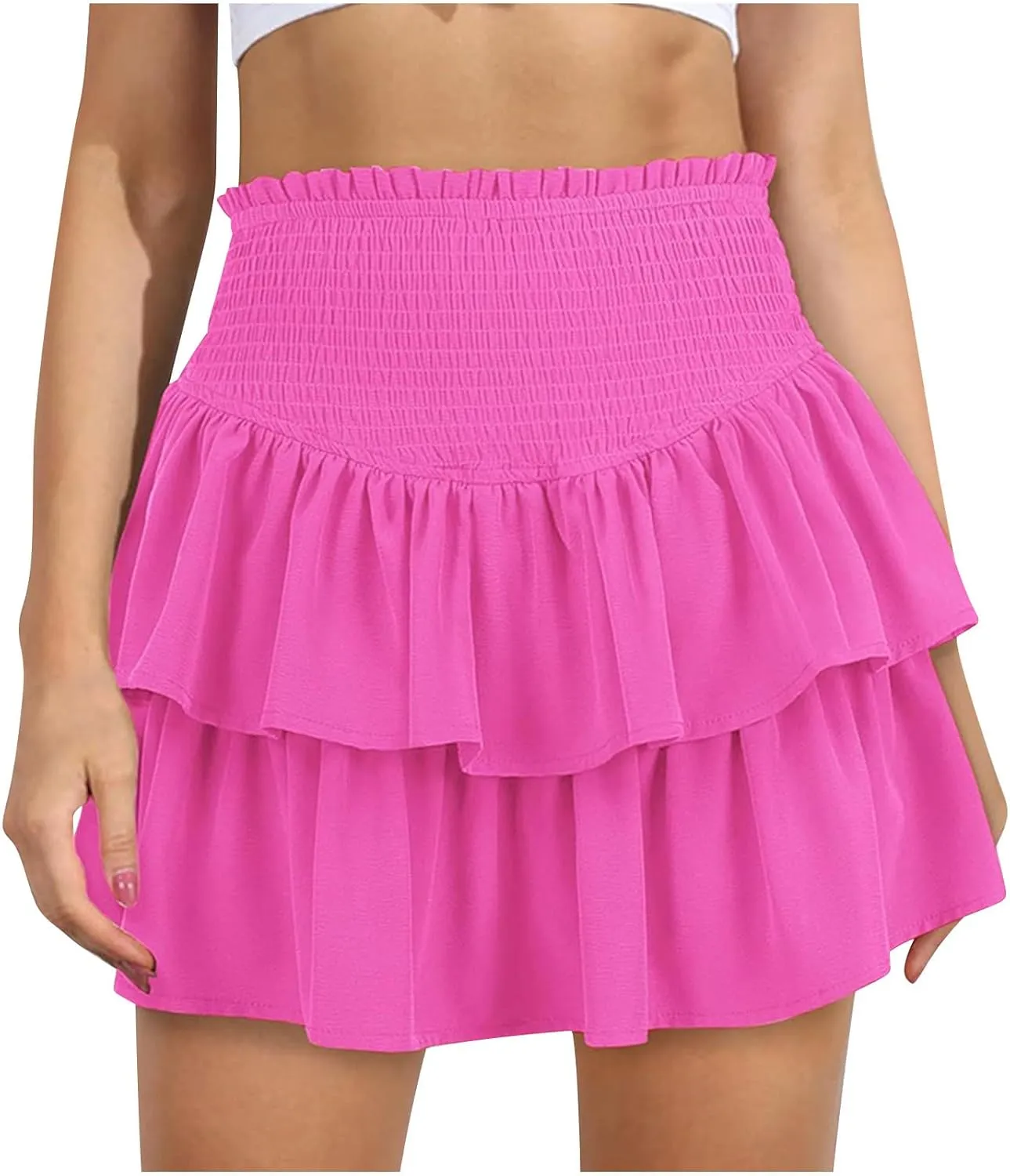 Women's Pleated Skirts High Waisted Layered Ruffle Curvy Hem Tiered Skirt Solid Color Sports Running Skirts