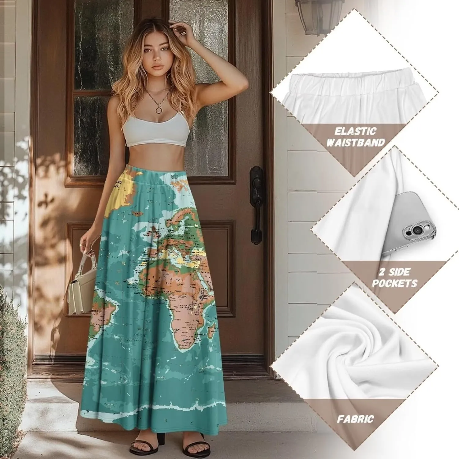 Women's Plus Size Skirts with Pockets Soft Flowy High Waist Pleated Midi A-Line Maxi Skirt for Party Beach S-2XL