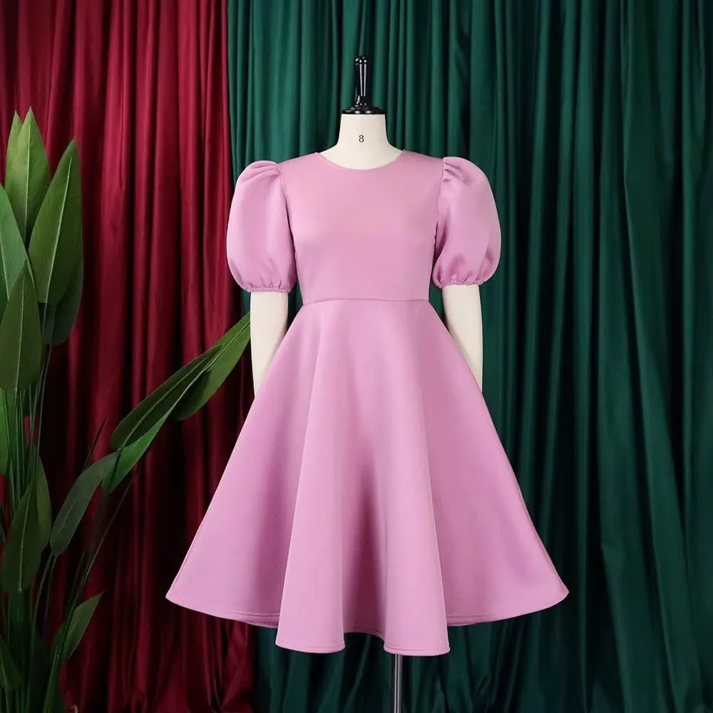 Womens Plus Size Stretchy A Line Summer Dresses Sweetheart Neck Puff Short Sleeve Tie Swing A Line Midi Dress