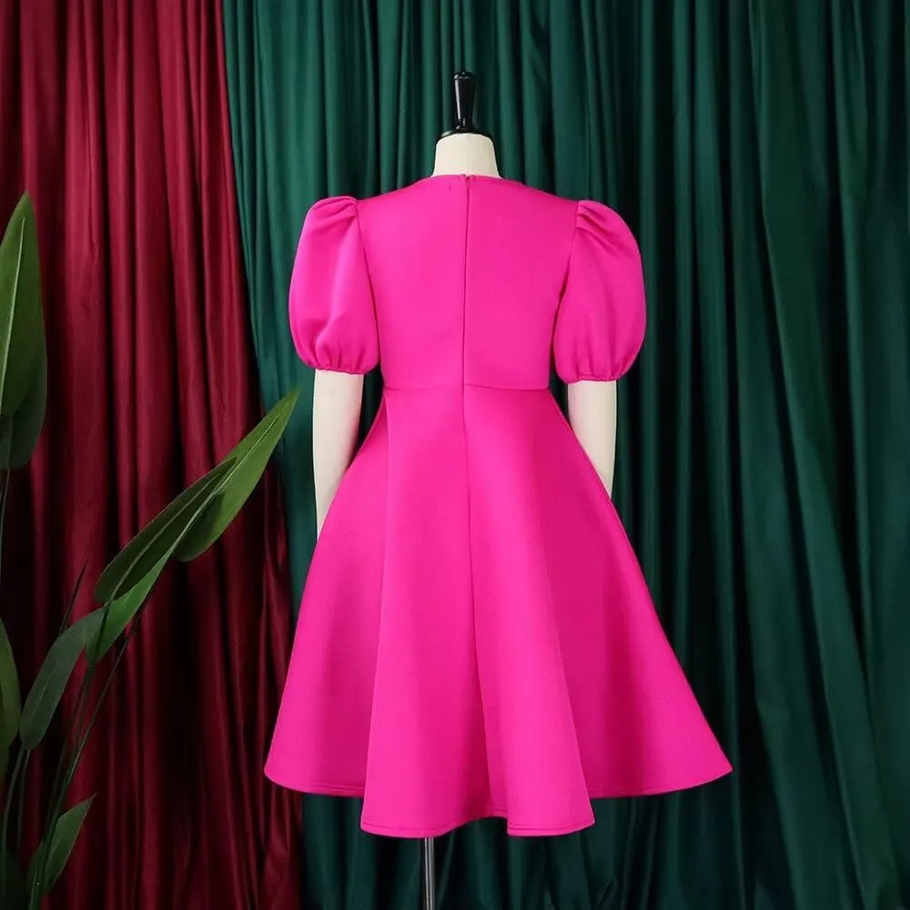 Womens Plus Size Stretchy A Line Summer Dresses Sweetheart Neck Puff Short Sleeve Tie Swing A Line Midi Dress