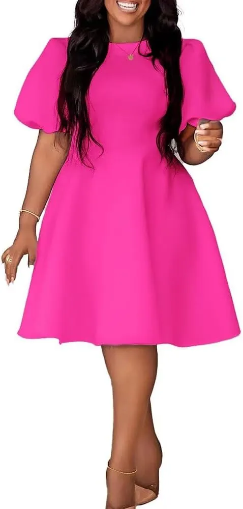 Womens Plus Size Stretchy A Line Summer Dresses Sweetheart Neck Puff Short Sleeve Tie Swing A Line Midi Dress
