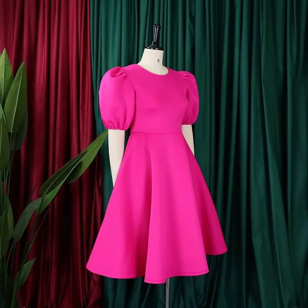 Womens Plus Size Stretchy A Line Summer Dresses Sweetheart Neck Puff Short Sleeve Tie Swing A Line Midi Dress