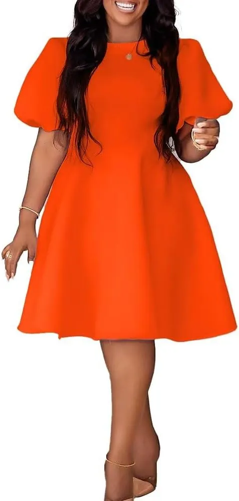 Womens Plus Size Stretchy A Line Summer Dresses Sweetheart Neck Puff Short Sleeve Tie Swing A Line Midi Dress