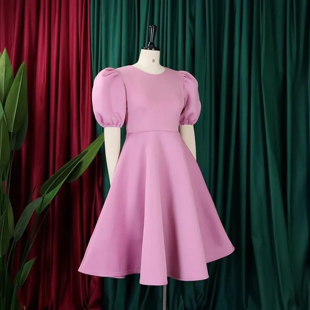 Womens Plus Size Stretchy A Line Summer Dresses Sweetheart Neck Puff Short Sleeve Tie Swing A Line Midi Dress