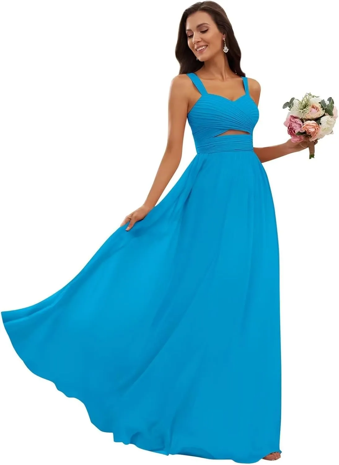 Womens Ruched Straps Bridesmaid Dresses Long Chiffon A Line Cutout Formal Wedding Guest Dresses
