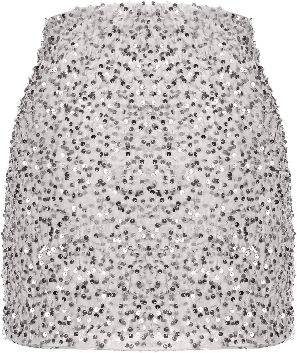 Women's Sequin Skirt High Waisted Stretchy Slit Bodycon Pencil Mini Sparkly Skirts Night Out Party Cocktail Outfits