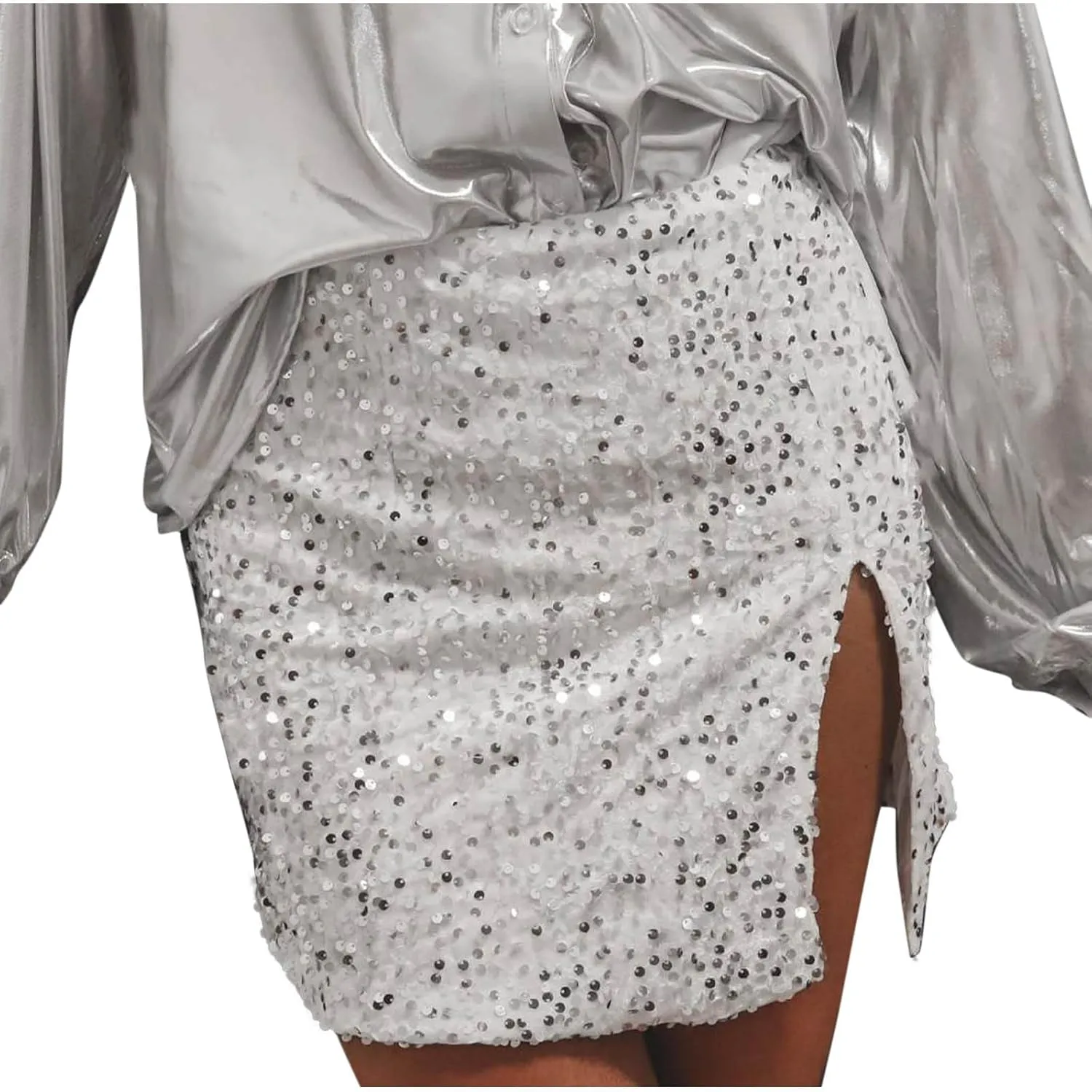 Women's Sequin Skirt High Waisted Stretchy Slit Bodycon Pencil Mini Sparkly Skirts Night Out Party Cocktail Outfits