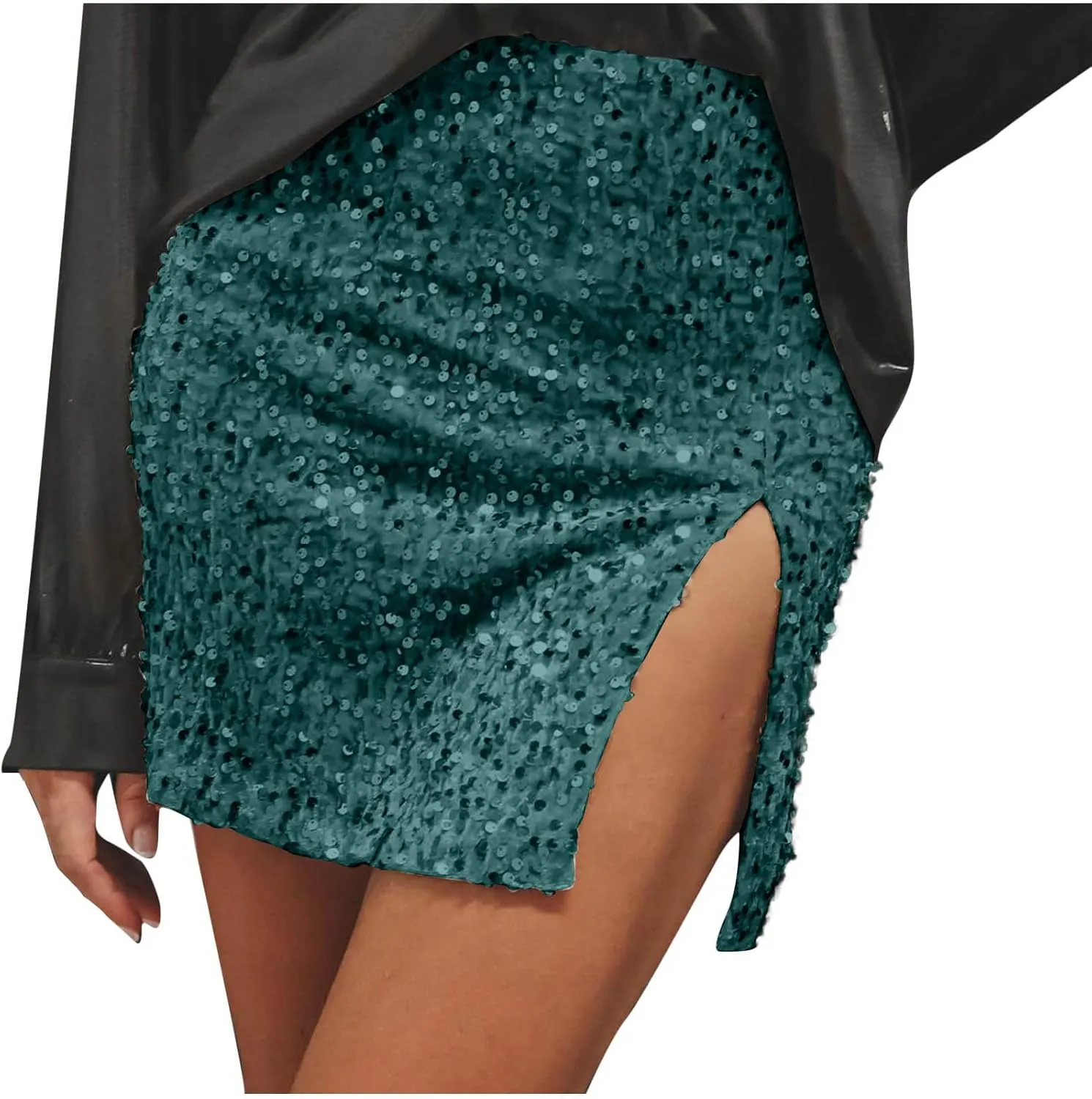 Women's Sequin Skirt High Waisted Stretchy Slit Bodycon Pencil Mini Sparkly Skirts Night Out Party Cocktail Outfits