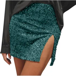Women's Sequin Skirt High Waisted Stretchy Slit Bodycon Pencil Mini Sparkly Skirts Night Out Party Cocktail Outfits