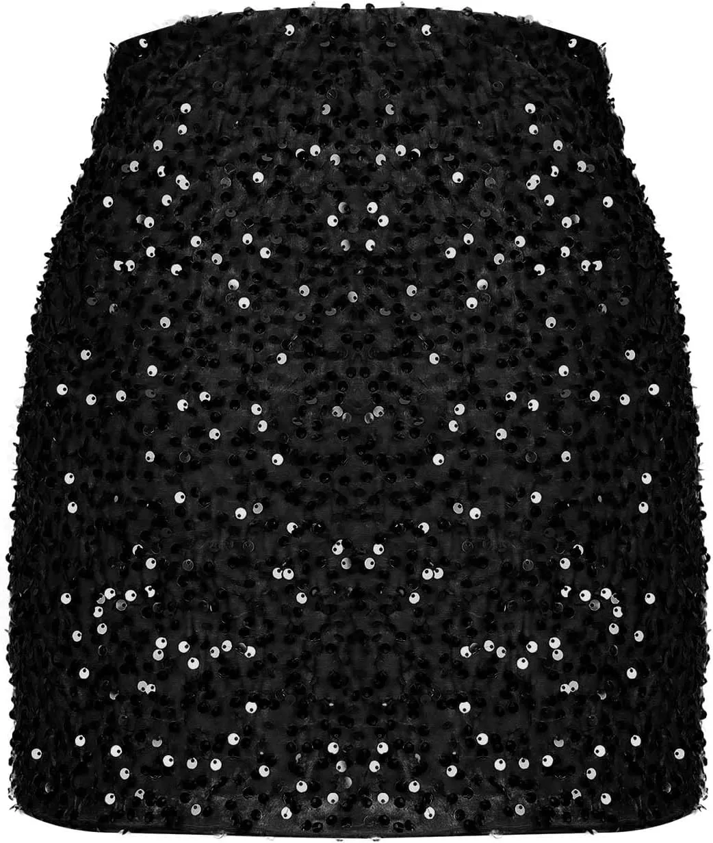 Women's Sequin Skirt High Waisted Stretchy Slit Bodycon Pencil Mini Sparkly Skirts Night Out Party Cocktail Outfits