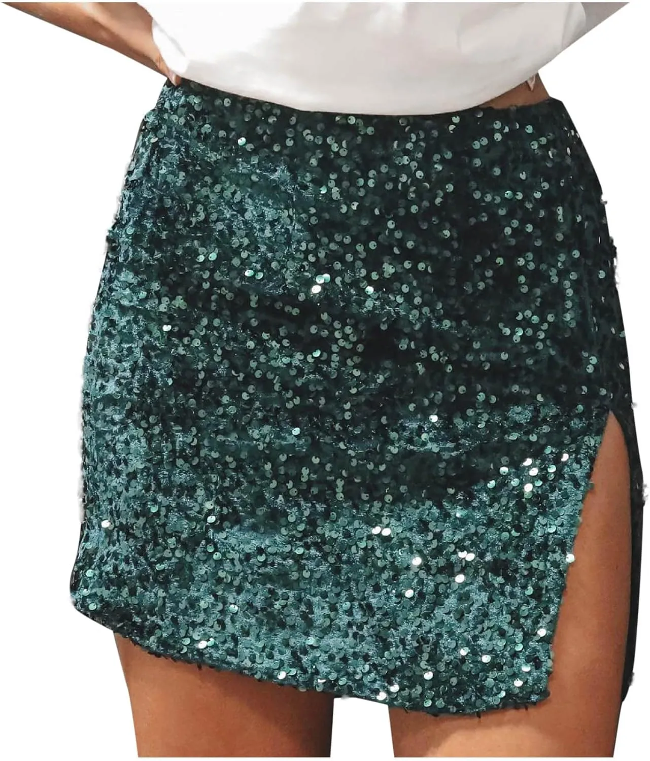 Women's Sequin Skirt High Waisted Stretchy Slit Bodycon Pencil Mini Sparkly Skirts Night Out Party Cocktail Outfits