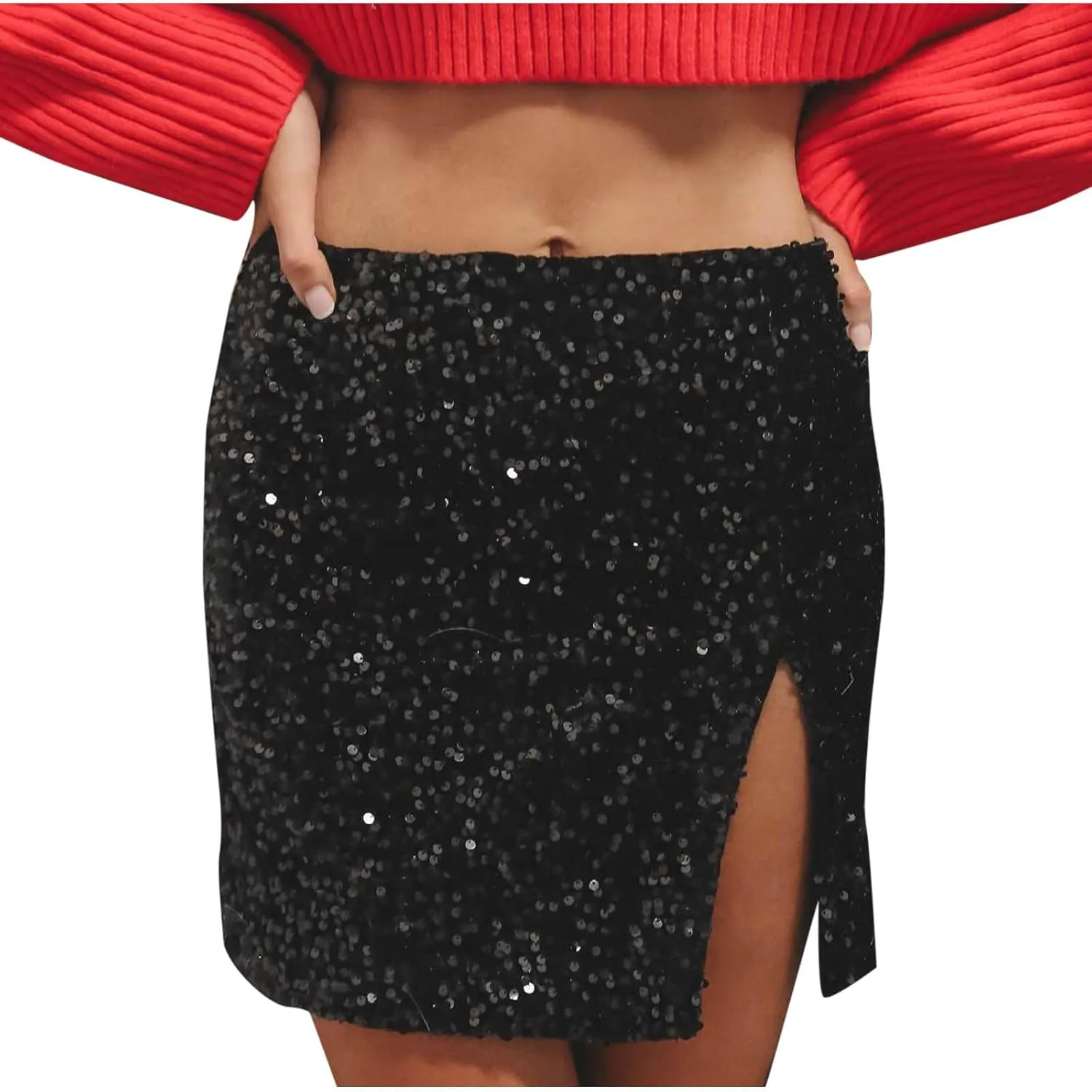 Women's Sequin Skirt High Waisted Stretchy Slit Bodycon Pencil Mini Sparkly Skirts Night Out Party Cocktail Outfits