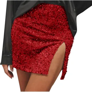 Women's Sequin Skirt High Waisted Stretchy Slit Bodycon Pencil Mini Sparkly Skirts Night Out Party Cocktail Outfits
