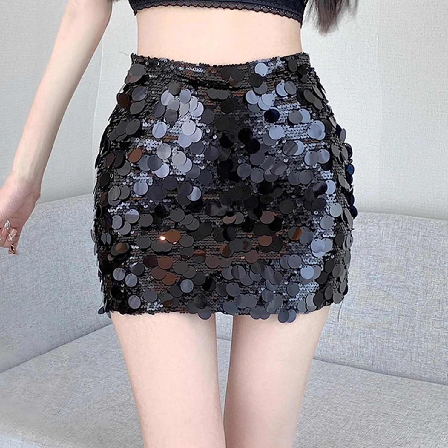 Women's Sequin Skirt Sparkle High Waisted Stretchy Bodycon Mini Skirt Trendy Party Night Out Cocktail Glitter Skirts