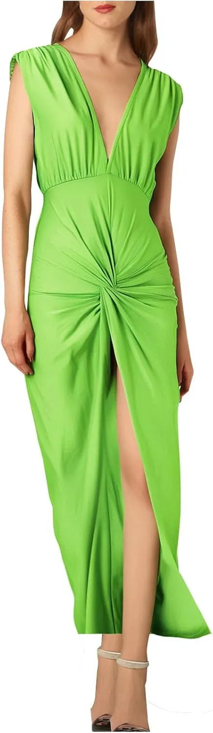 Women's Sexy Plunging V Neck Maxi Dress Elegant Ruched Twist Knot Bodycon High Slit Backless Cocktail Party Dresses