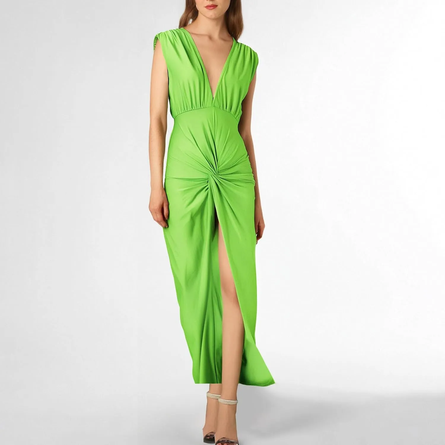 Women's Sexy Plunging V Neck Maxi Dress Elegant Ruched Twist Knot Bodycon High Slit Backless Cocktail Party Dresses