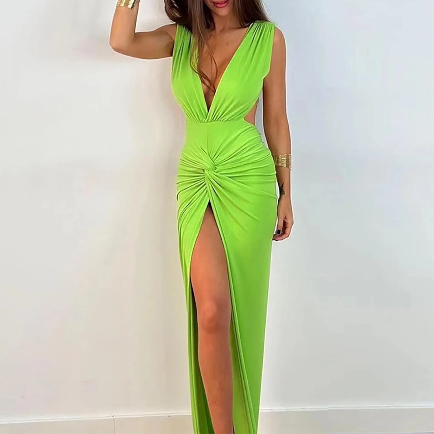 Women's Sexy Plunging V Neck Maxi Dress Elegant Ruched Twist Knot Bodycon High Slit Backless Cocktail Party Dresses