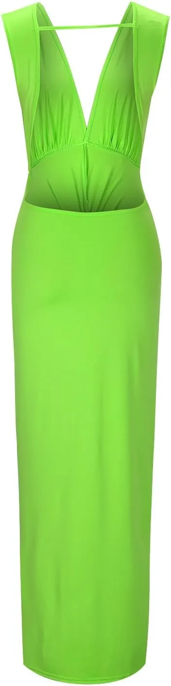 Women's Sexy Plunging V Neck Maxi Dress Elegant Ruched Twist Knot Bodycon High Slit Backless Cocktail Party Dresses
