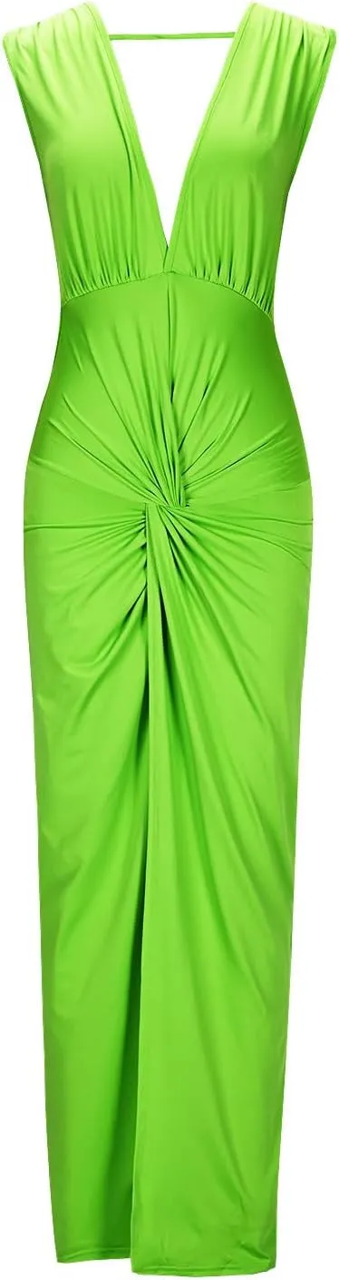 Women's Sexy Plunging V Neck Maxi Dress Elegant Ruched Twist Knot Bodycon High Slit Backless Cocktail Party Dresses