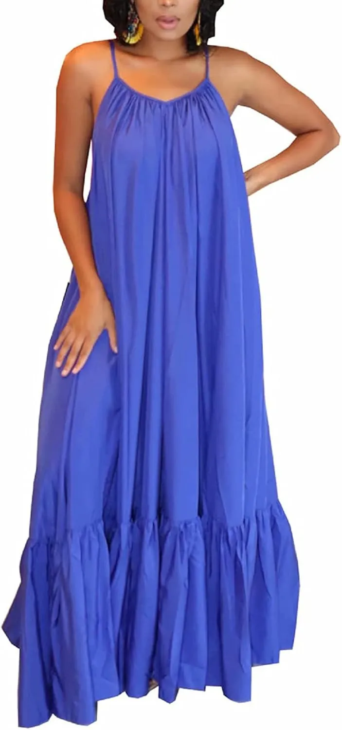 Womens Sexy Sleeveless Spaghetti Strap Dress Ruched Ruffle Hem Beach Loose Long Maxi Swing Dress Plus Size