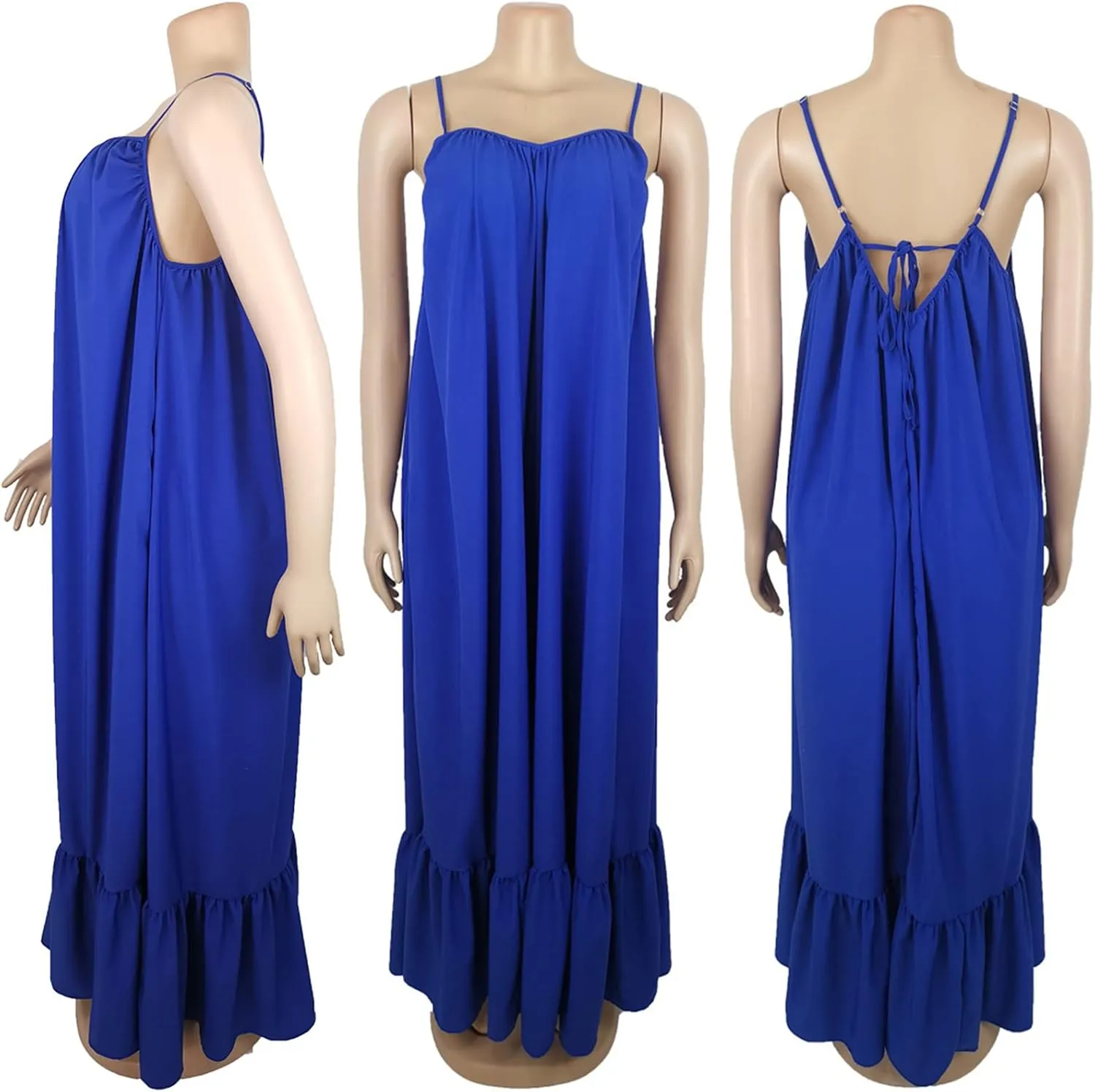 Womens Sexy Sleeveless Spaghetti Strap Dress Ruched Ruffle Hem Beach Loose Long Maxi Swing Dress Plus Size