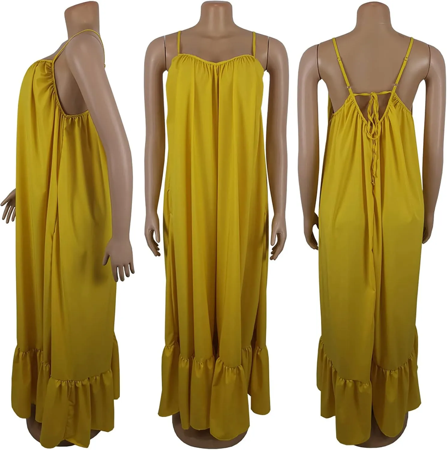 Womens Sexy Sleeveless Spaghetti Strap Dress Ruched Ruffle Hem Beach Loose Long Maxi Swing Dress Plus Size