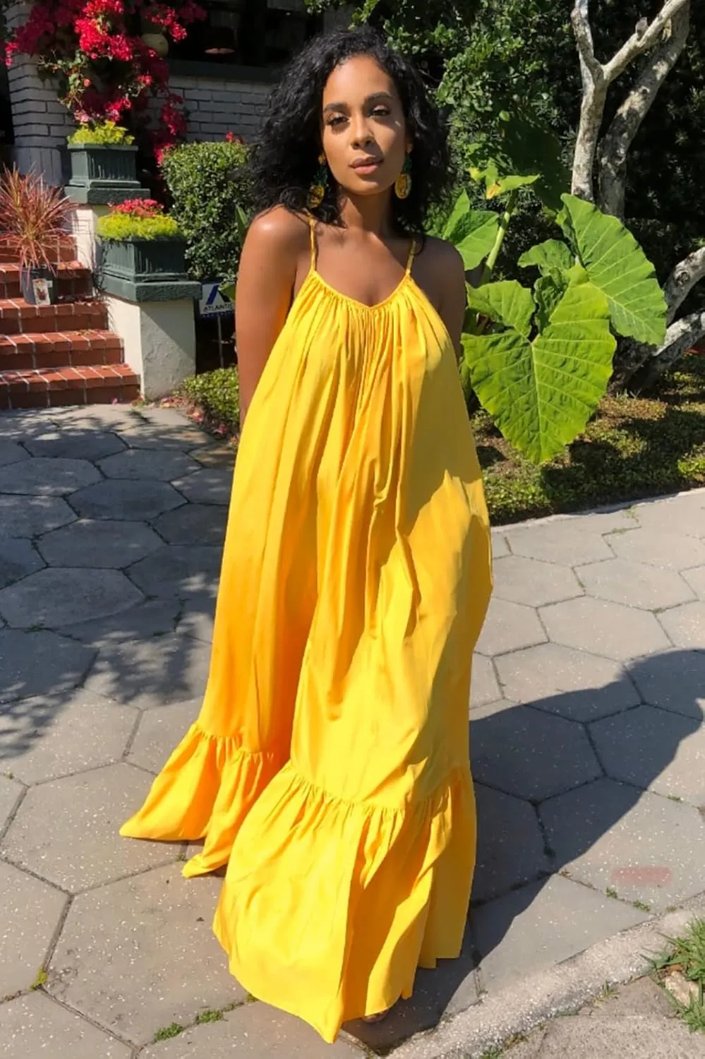 Womens Sexy Sleeveless Spaghetti Strap Dress Ruched Ruffle Hem Beach Loose Long Maxi Swing Dress Plus Size