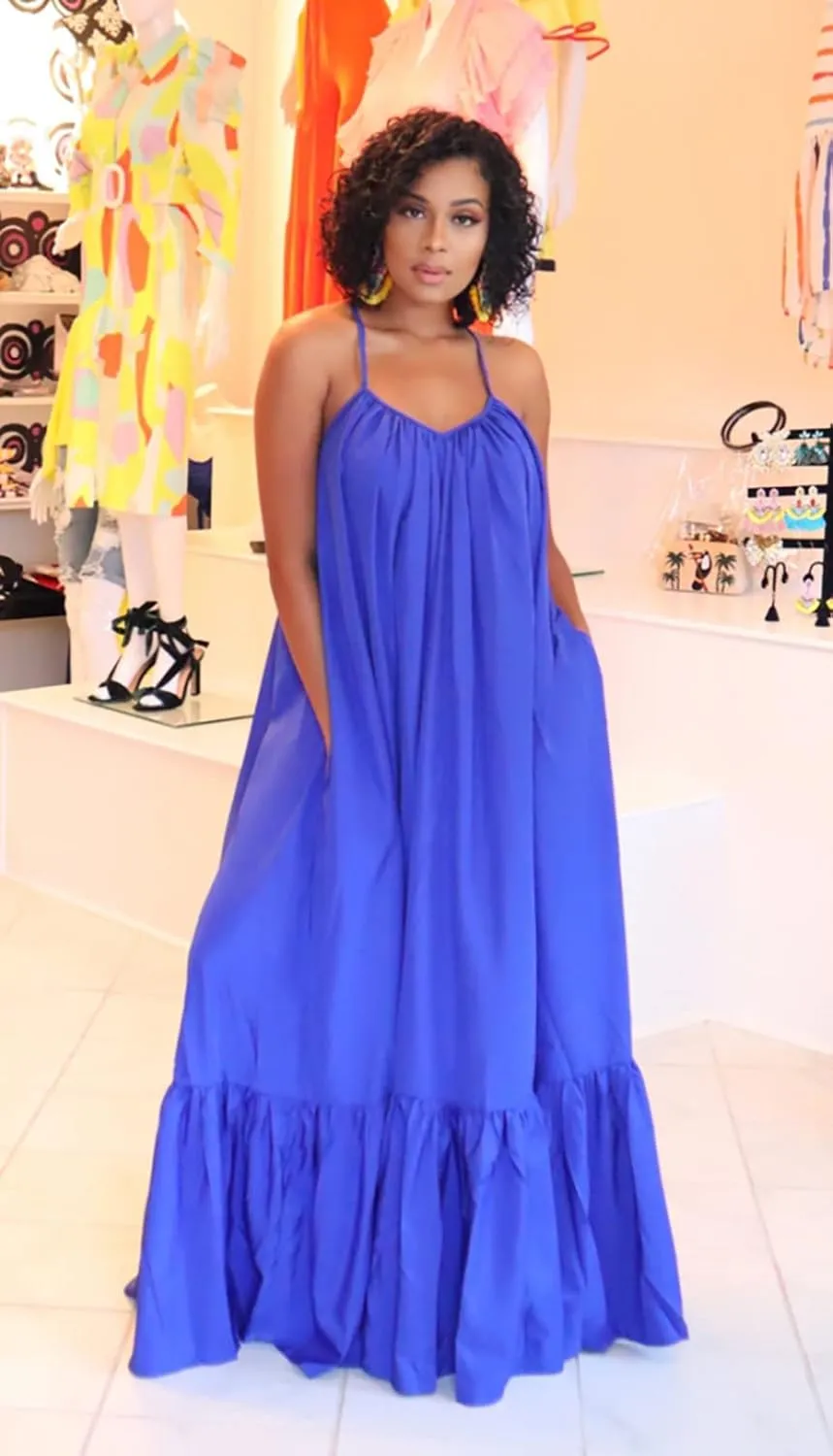 Womens Sexy Sleeveless Spaghetti Strap Dress Ruched Ruffle Hem Beach Loose Long Maxi Swing Dress Plus Size