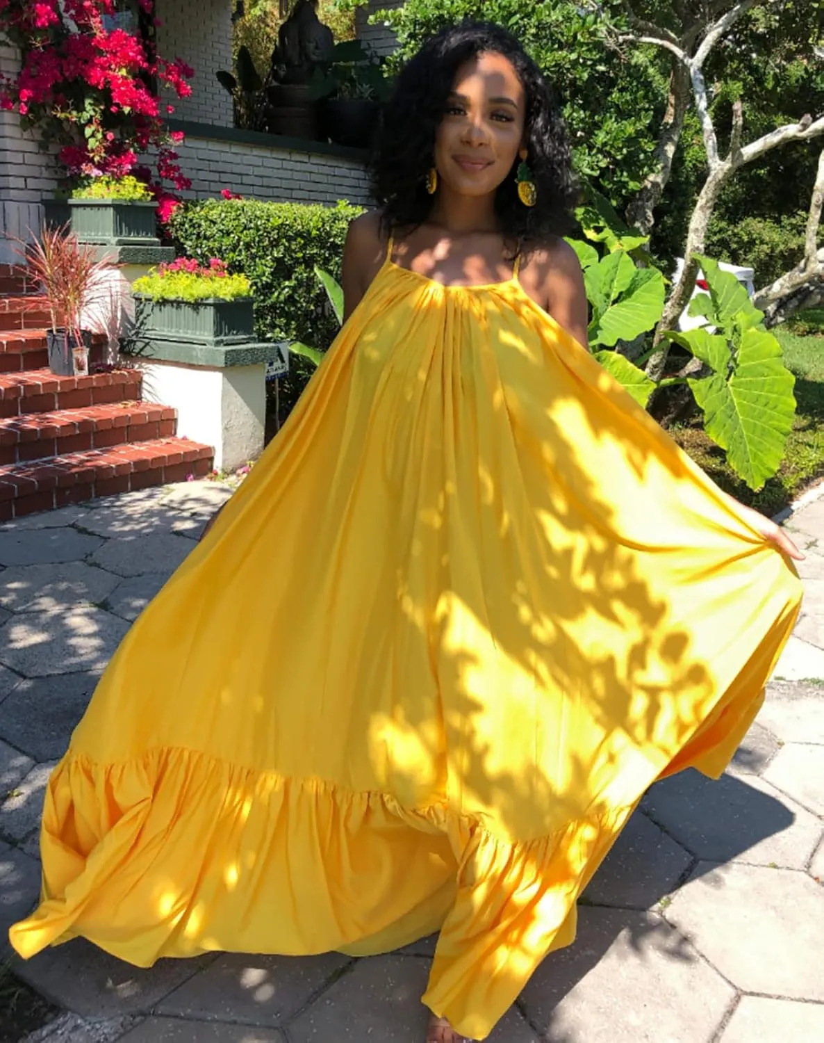 Womens Sexy Sleeveless Spaghetti Strap Dress Ruched Ruffle Hem Beach Loose Long Maxi Swing Dress Plus Size