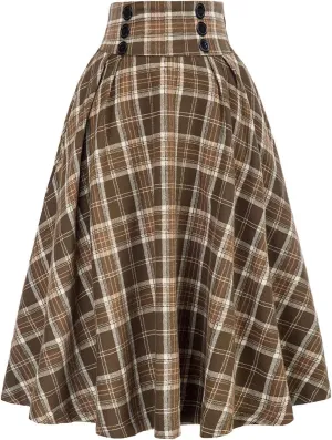 Womens Skirt Women Casual Plaid Skirt with Pockets Vintage High Waist Pleated Skirt Midi Dress
