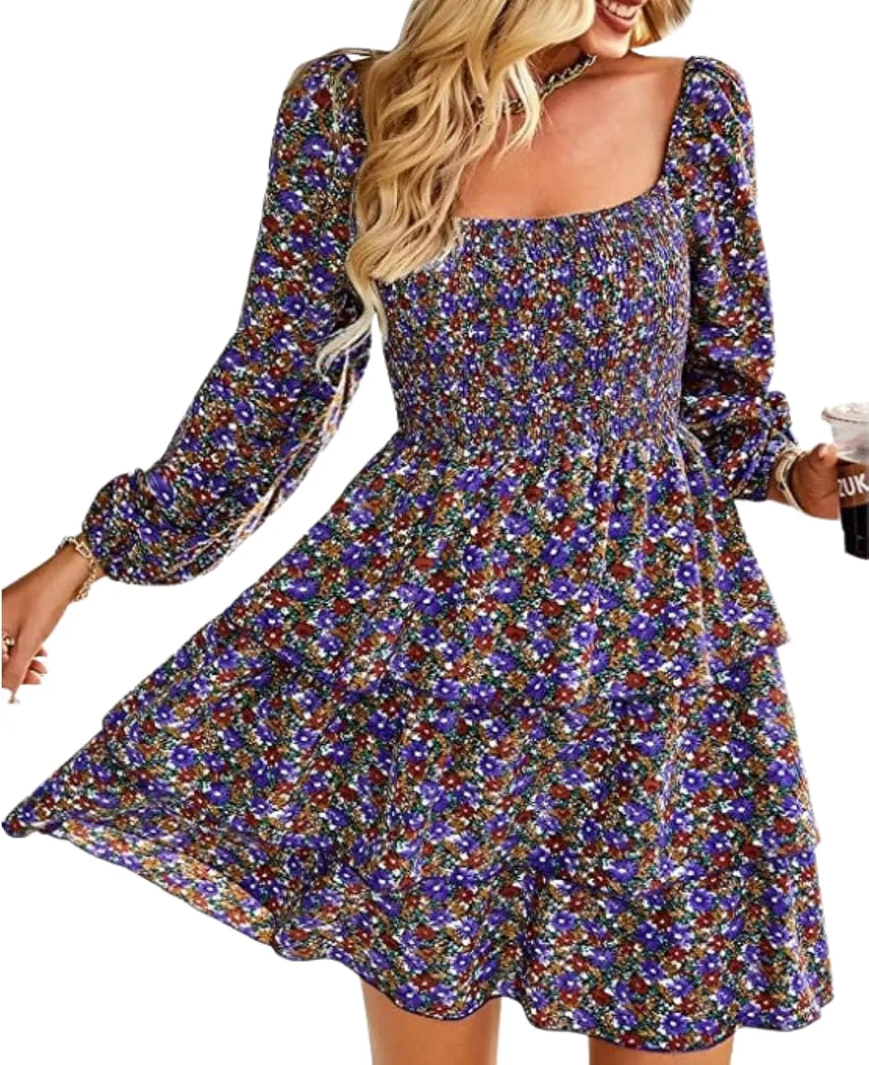 Women's Square Neck Lantern Long Sleeve Print Mini Dress Classy Layer Ruffle Hem A Line Smocked Short Dresses