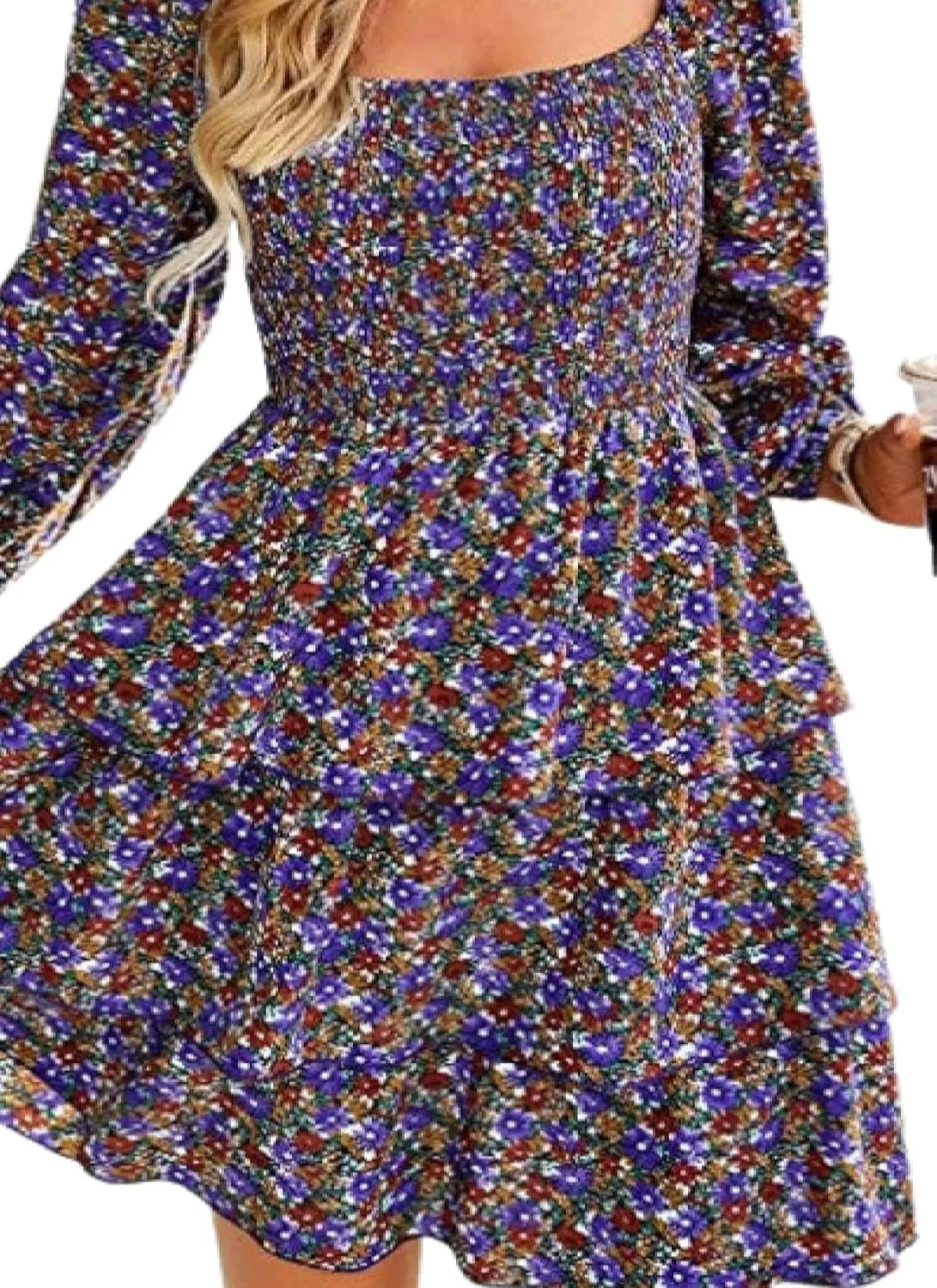 Women's Square Neck Lantern Long Sleeve Print Mini Dress Classy Layer Ruffle Hem A Line Smocked Short Dresses