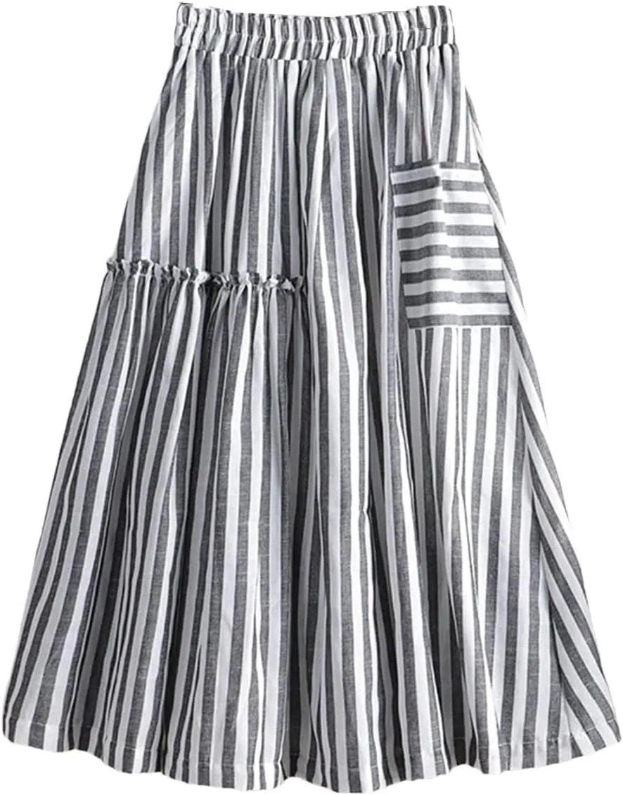 Women's Stripe Print Pleated A-Line Pocket Midi Skirt