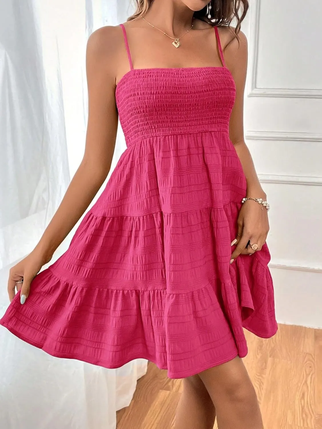 Womens Summer Dresses Spaghetti Strap Sleeveless Backless Ruffle Hem Swing Mini Casual A-Line Maxi Beach Smocked Short Dress
