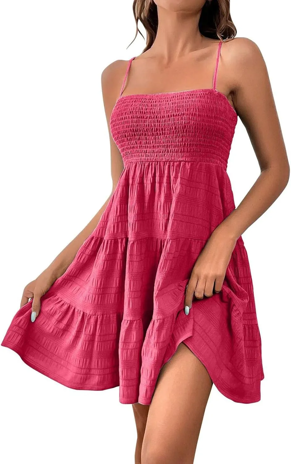 Womens Summer Dresses Spaghetti Strap Sleeveless Backless Ruffle Hem Swing Mini Casual A-Line Maxi Beach Smocked Short Dress